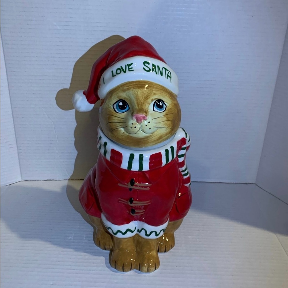 Blue Sky Holiday Christmas Cat I love Santa Cookie Jar NEW